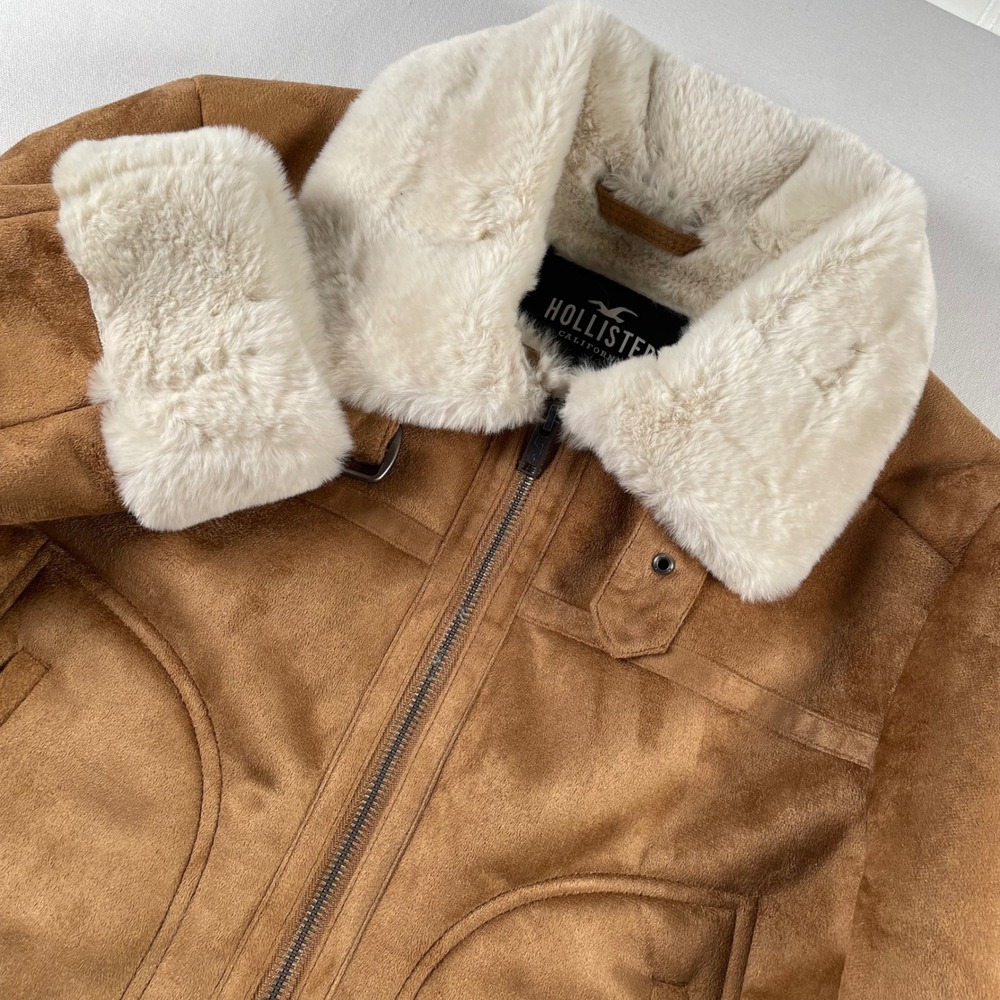 Hollister Faux Suede Aviator Jacket Tan Brown Faux Fur Trim Small Bomber Coat